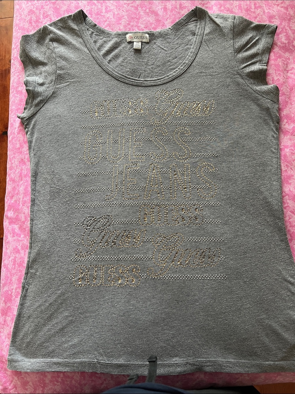 GUESS Gray Short Sleeve Tee with Gold Studded Logo